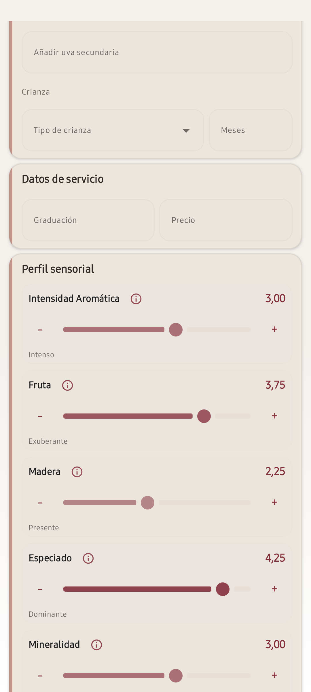 Pantalla de nueva cata con datos de servicio y sliders de perfil sensorial